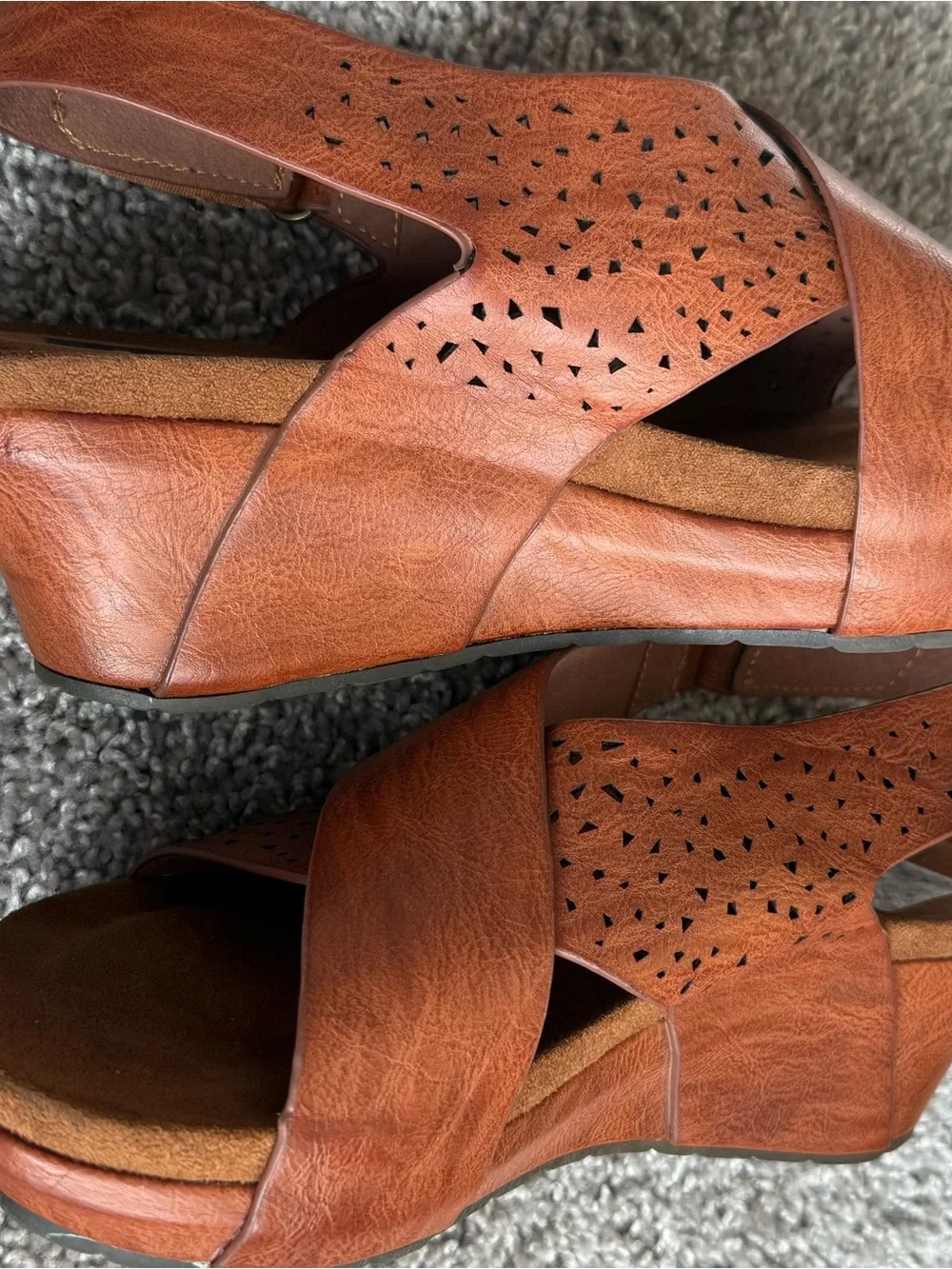 Natural Reflections Warm Tan Leather Perforated Cross-Strap Slingback Sandals